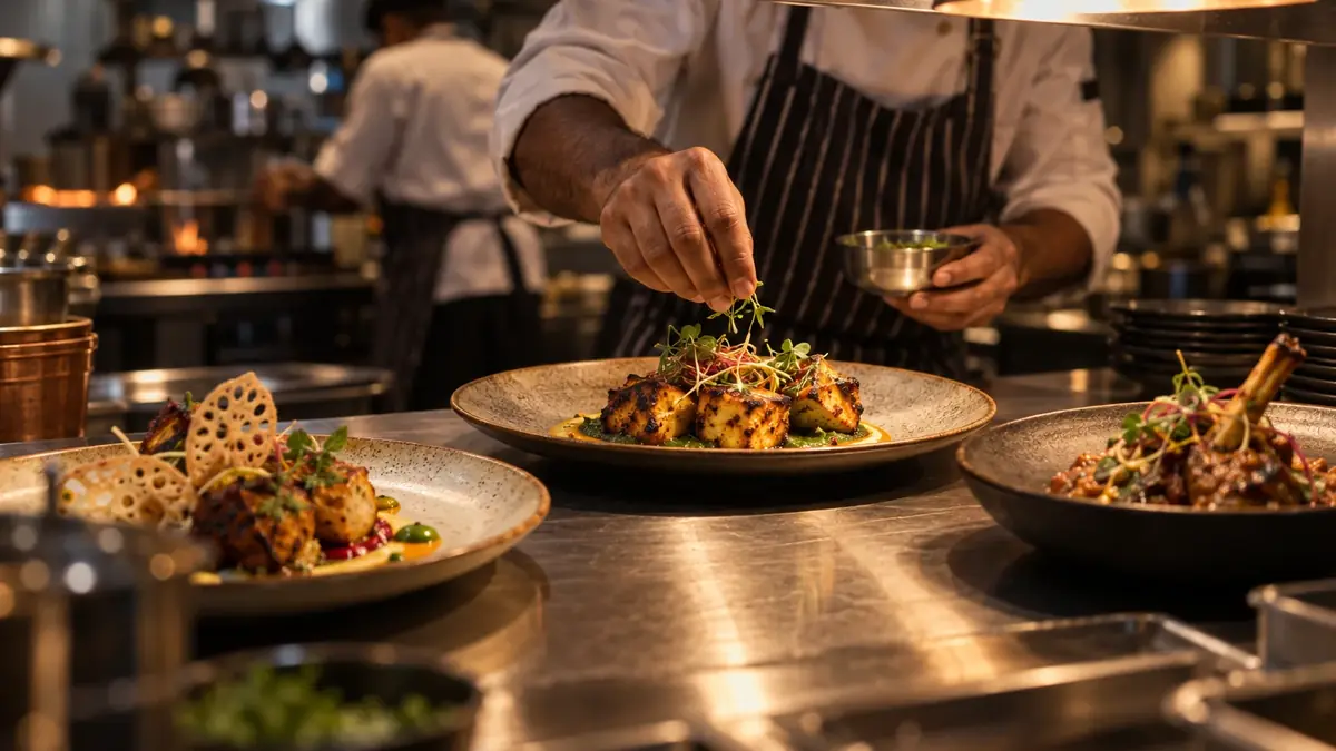 Chef finishing plated Indian dishes at a restaurant kitchen pass.