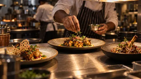 Chef finishing plated Indian dishes at a restaurant kitchen pass.