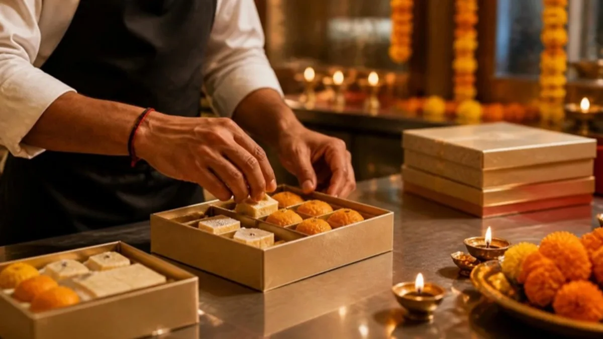 Restaurant staff member packing Indian sweets into gift boxes on a counter, with lit diyas and marigolds in the background.