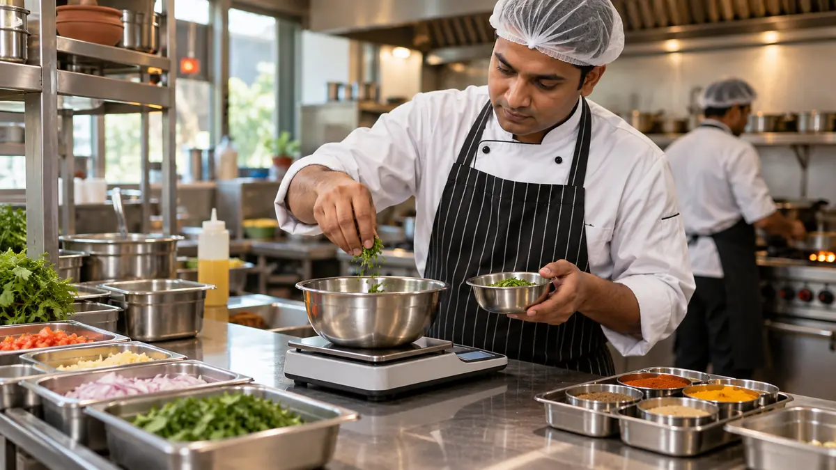 Chef weighing an ingredient portion on a kitchen scale.