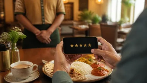 Diner holding a smartphone showing a five-star rating above a restaurant meal, with a server in the background.