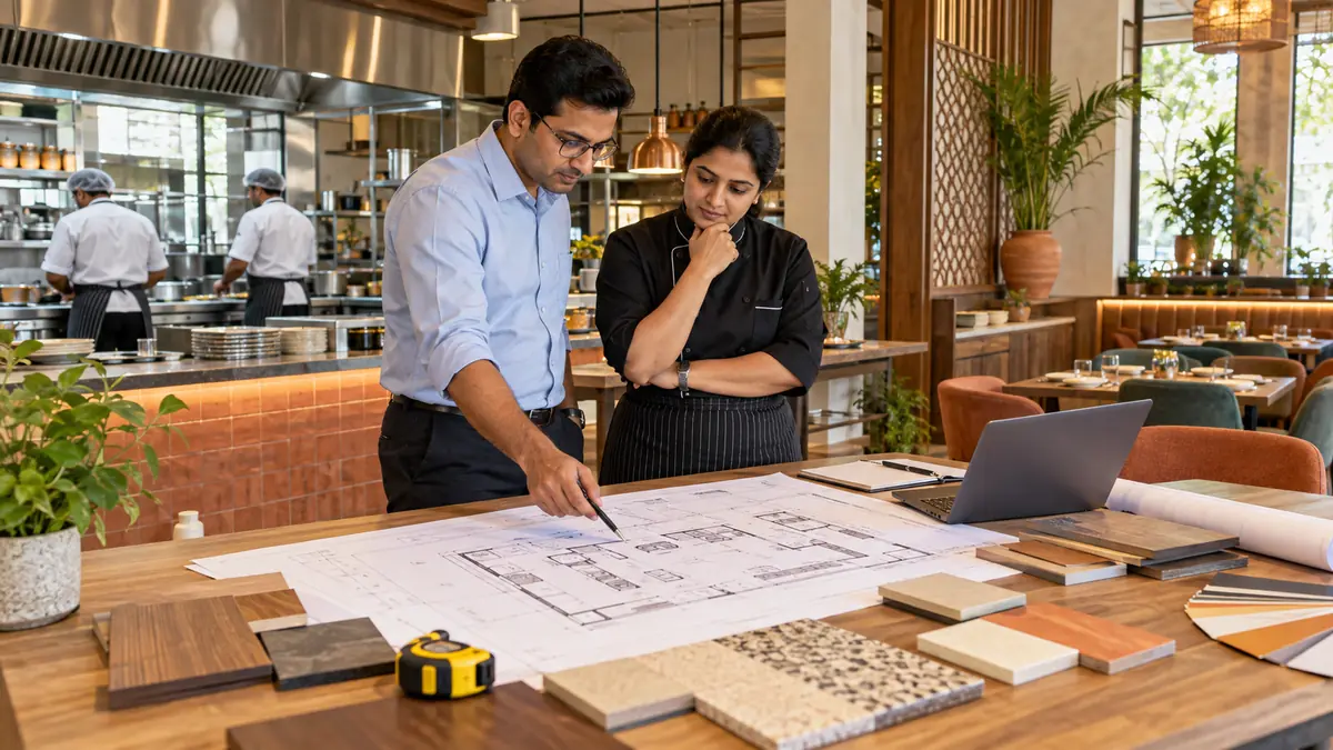 Restaurant operators reviewing a kitchen layout and fit-out materials.