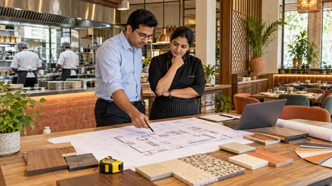 Restaurant operators reviewing a kitchen layout and fit-out materials.