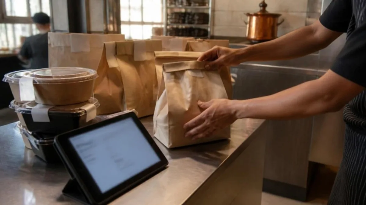 Restaurant staff member placing a sealed delivery bag on a pickup counter next to packed food containers and an order tablet.