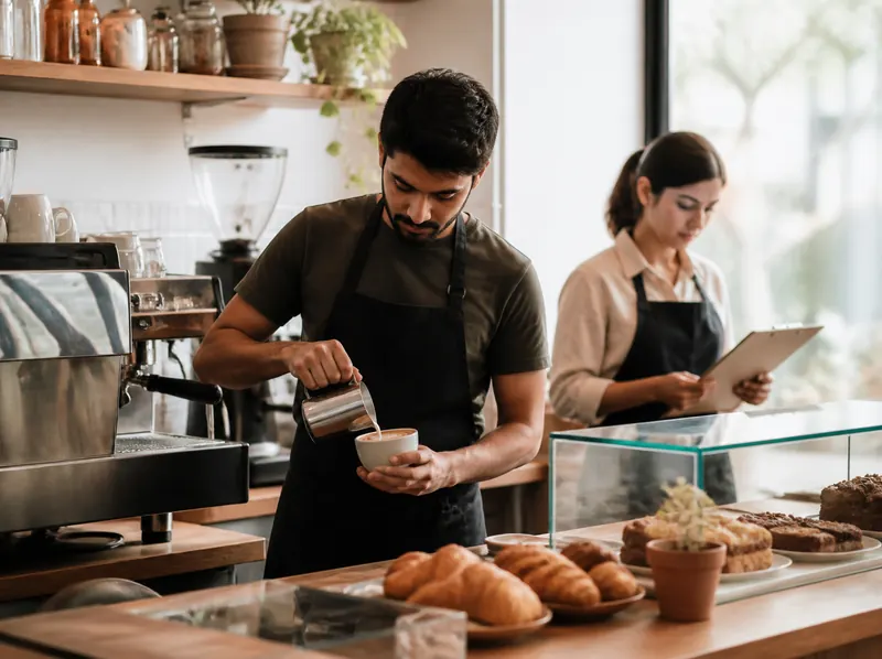 Barista pouring steamed milk into a coffee at a café espresso machine while the café manager checks a clipboard behind the counter